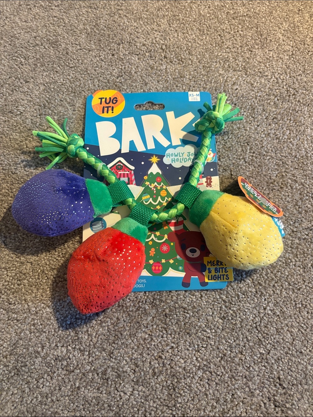 Bark Holiday Plush Tug Toy – Red, Yellow & Purple Light Bulbs